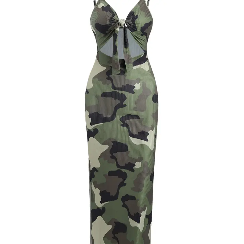 Women's All Over Print Camouflage Cut Out Sleeveless Cami Spaghetti Strap Dress, Chic Casual Summer Dresses Backless Long Dress for Daily Outdoor Wear, Ladies Clothes for All Seasons