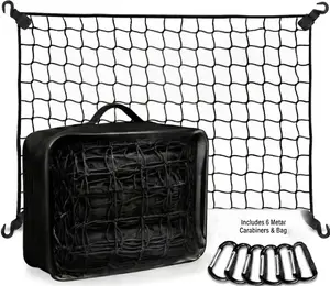 Pickup Truck Bed Cargo Net - Stretchable 4'x4' to 7'x7', 1''x1'' High Elastic Fine Mesh, 6 Metal Carabiners, Single Layer Tie-Down Bungee Cord for ATV, SUV Use