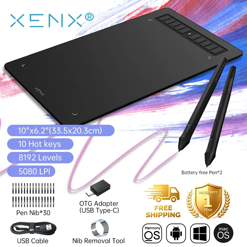 XENX P3-1060 Digital Electronic Writing Tablet - 10x6.22in Black/Green Large Pen Tablet with 10 Hot Keys, Battery-Free Passive Stylus, 8192 Levels Pressure, Wired USB, Compatible with Mac, Windows PC, Android for Art Creation, Sketching