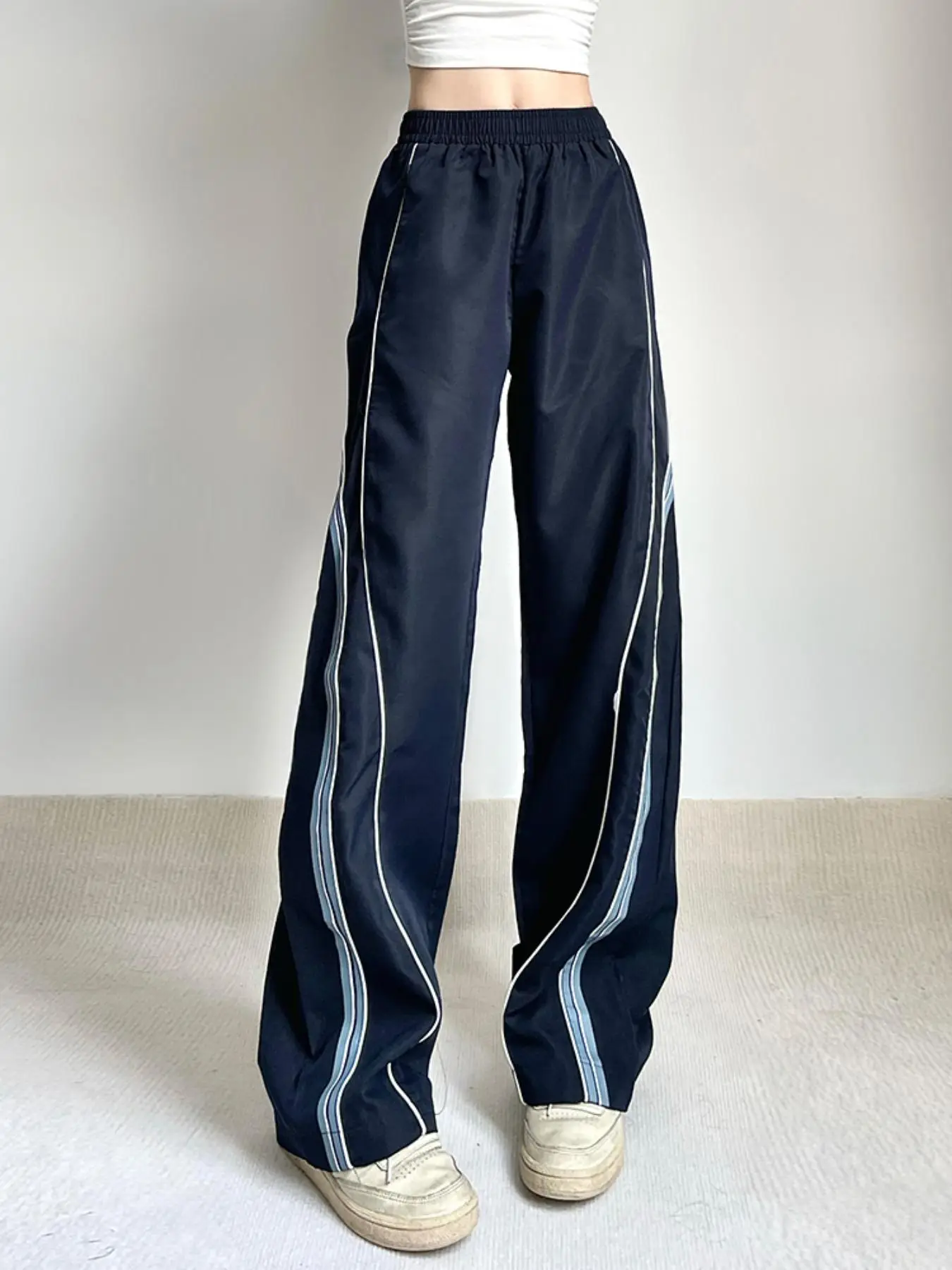 Side Striped Pocket Elastic Waist Wide Leg Pants for Women, Comfy Cargo Pants, Casual Street Fashion Loose Trousers for Daily Wear, Lady Bottoms, Clot