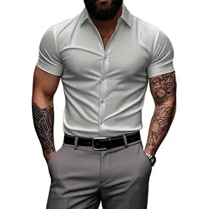 Men's muscle fit dress short sleeve sports button-up shirt for athletic builds moisture-wicking quick-dry stretch fabric collar menswear top white