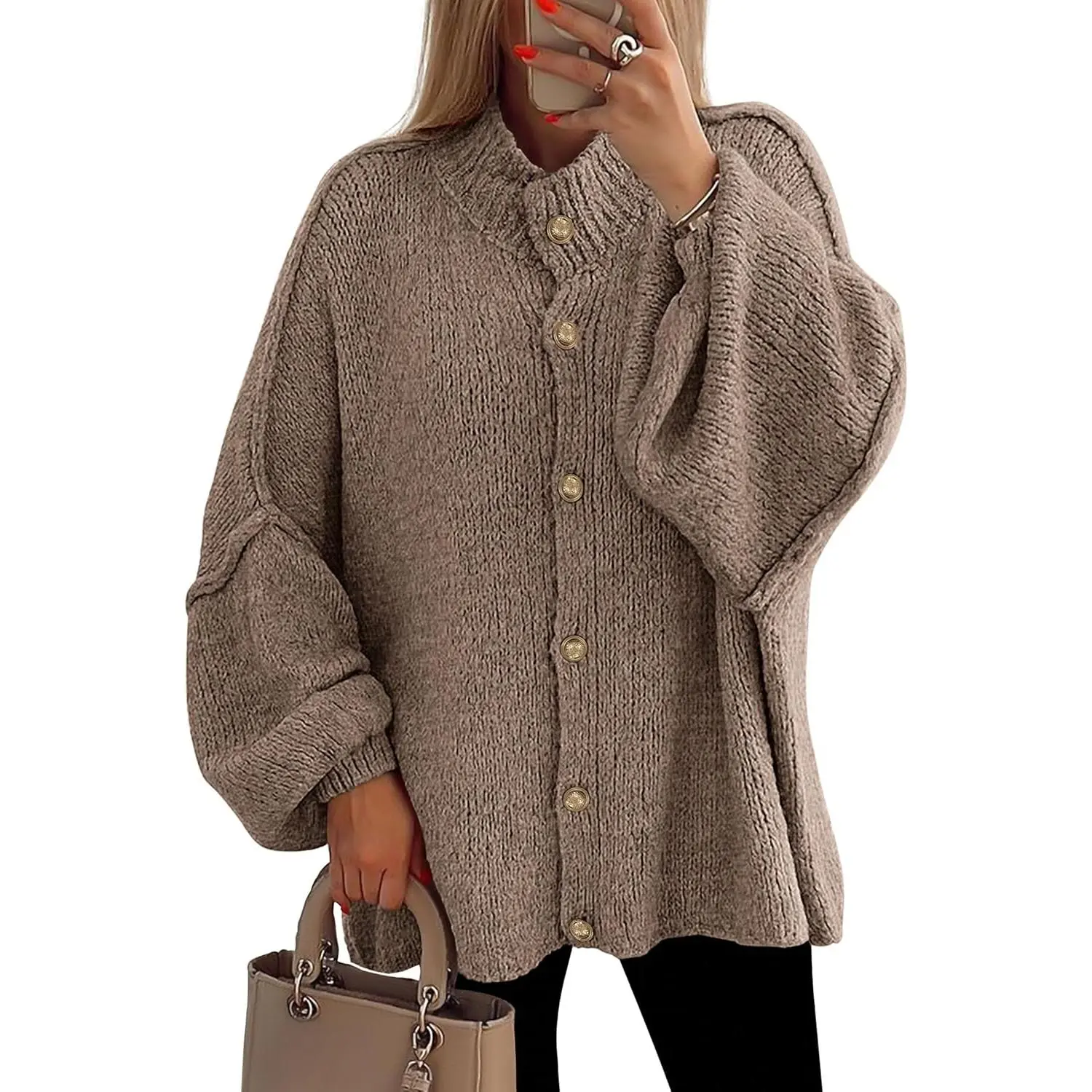 Women's Knitted Mock Neck Lantern Long-Sleeve Drop Shoulder Chunky Button-Down Cardigan, Trendy Oversized Loose-Fitting Casual Outerwear with Matching Versatility for Everyday Wear