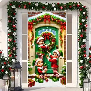 Christmas Elf Door Stickers, PVC Removable Wall Decals, Holiday Wreath Design, Home Decoration for Bedroom Living Room, Party New Year Decor