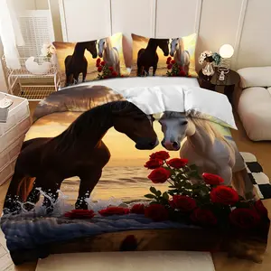 Bedding 3-piece set - 3PCS,Brown and White Horses with Red Roses Beach Design Down Comforter Set (1 comforter cover + 2 pillowcases, filling not included) - soft and comfortable, suitable for family bedrooms.