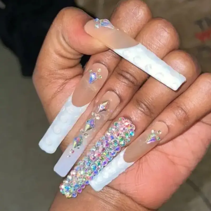 Nailrosy 10Pcs Handmade Exact Size Long Coffin White Fake Nails - Floral, Cute Rhinestone Gem Nail Art Supplies, Easy DIY for Women’s Thanksgiving, Mother’s Day Events,fall nails for 2026