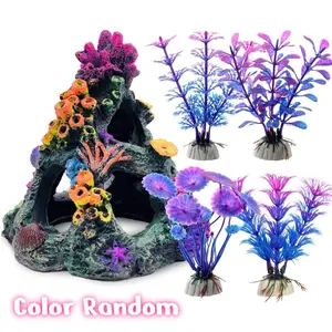 Aquarium Colorful Coral Reef Set, Fish Tank Decoration, Mountain Ornament, Aquatic Plants, 1 Coral Mountain, 4 Aquatic Plants