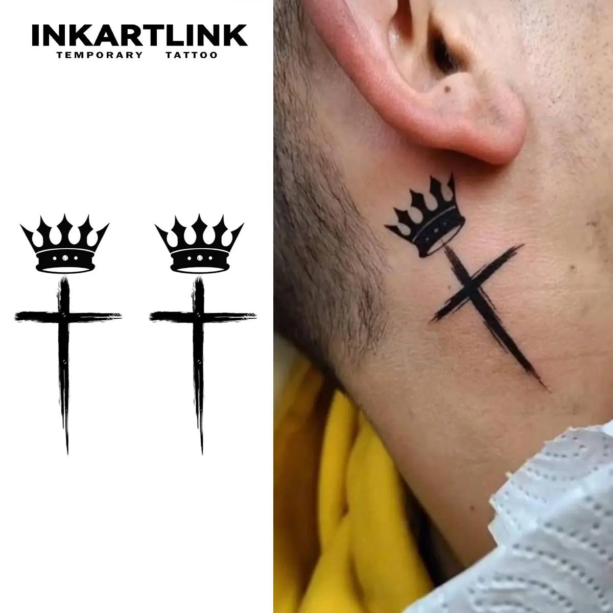 INKARTLINK Tech Cross Series Crown Temporary Tattoo Stickers - 2 Sheets Semi-Permanent Waterproof Realistic Fake Tattoos, Single Item for Men, All Skin Types Ideal for Swimming, Party
