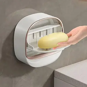 Easy-Install Wall-Mounted Soap Dish with Lid - No-Drill, Double-Layer Plastic Soap Holder for Bathroom & Kitchen Storage
