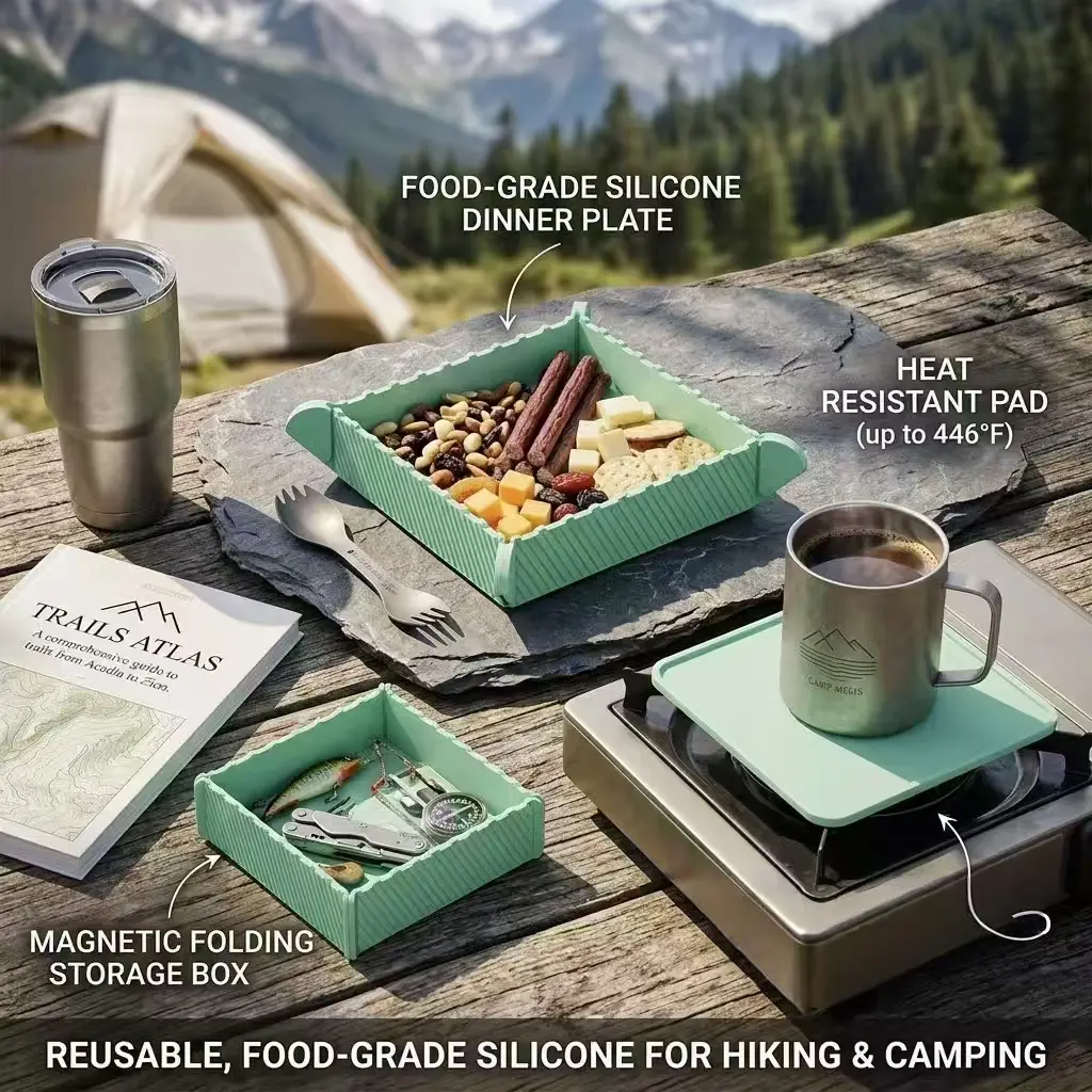 Reusable Food-Grade Silicone Outdoor Camping Plate, Dinner Plate, Magnetic Folding Tray, Ideal for Parties, Hiking, Multi-Purpose Storage Box, Heat Resistant Pad