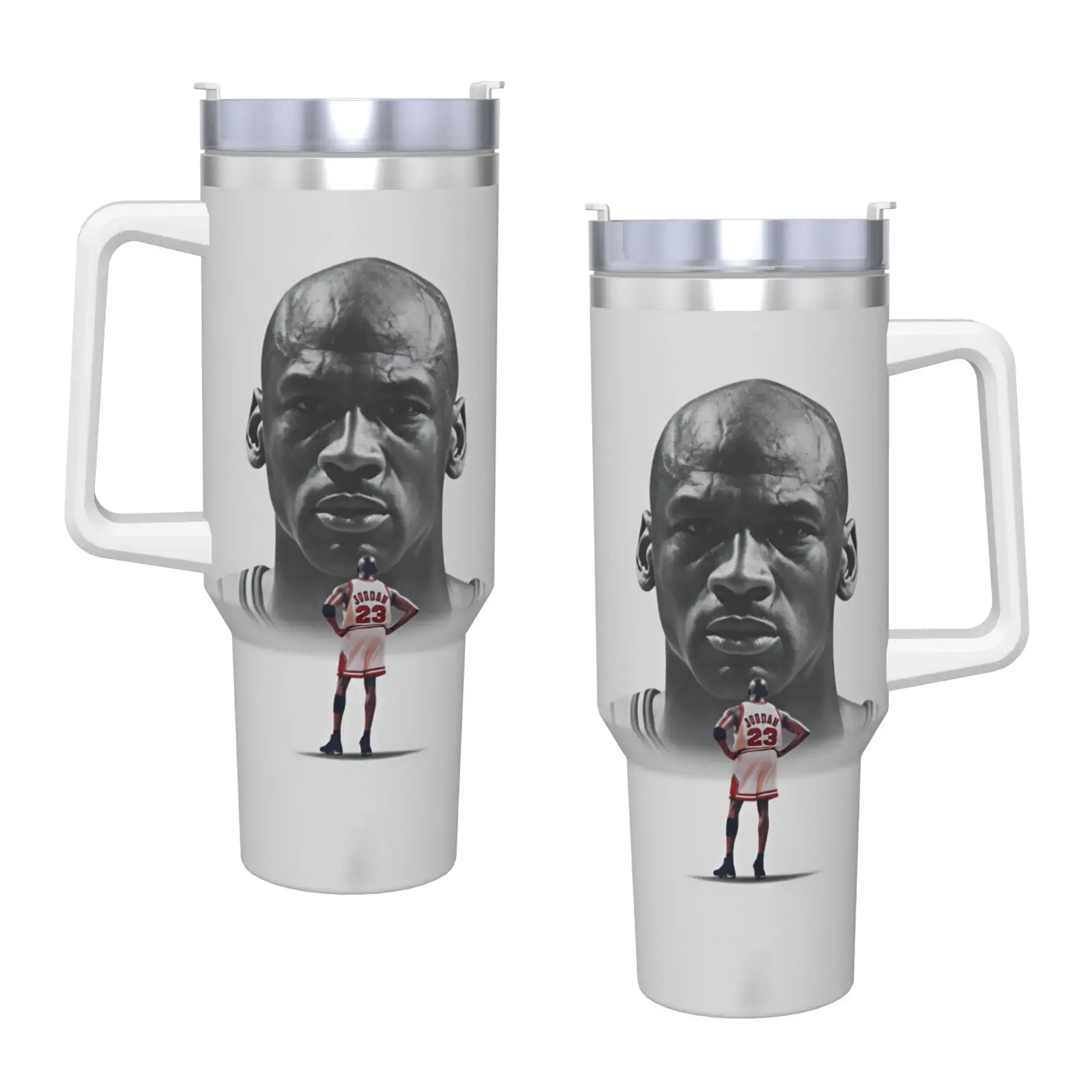 Jordan 23 Inspired Caricature Basketball Tumbler 40oz, Funny Red Black Sports Travel Mug with Handle & Straw, Retro Number 23 Fan Gift, Double Wall Insulated Stainless Steel Cup for Game Day, Gym & Everyday Use