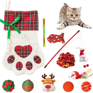 11Pcs Christmas Cat Stocking Toys Interactive Cat Toys Pack Including Feather Teaser Wand Catnip Mouse Crinkle Bells Ball Spring Toys for Indoor Cats, Christmas Hanging Stocking for Pet Cats Set