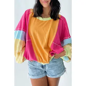 Rose Red Plus Size Colorblock Patchwork Exposed Seam Sweatshirt