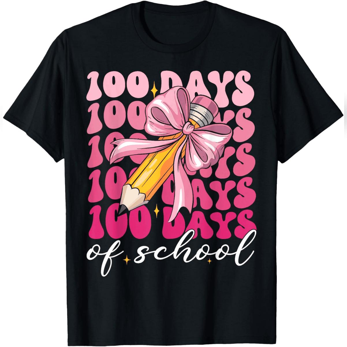 100 Days Of School Girls Coquette Pink Bow Teacher Student T-Shirt Comfy Everyday T-Shirt
