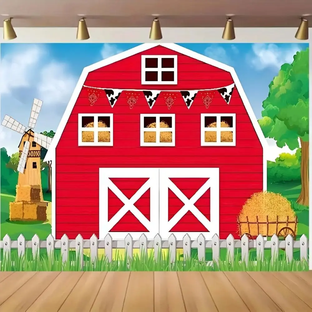 1pc Durable Polyester 2D Flat Vibrant Farm Print Wall Hanging Backdrop - Red Barn, Green Grass Design with Cartoon Cow Accents, Party Decoration Supplies for Birthday Parties, Cake Smash Photography