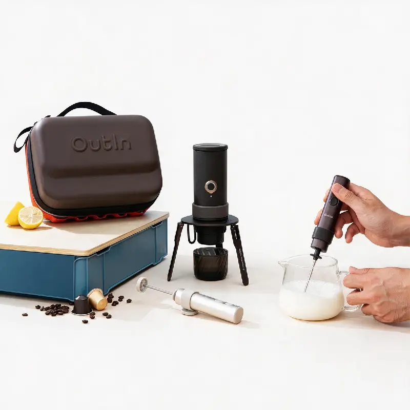 Outin Mino Portable Espresso Machine EVA Case Bundle with LattoGo Milk Frother, All‑in‑One On‑the‑Go Coffee Brewing Kit for Travel Camping & Office