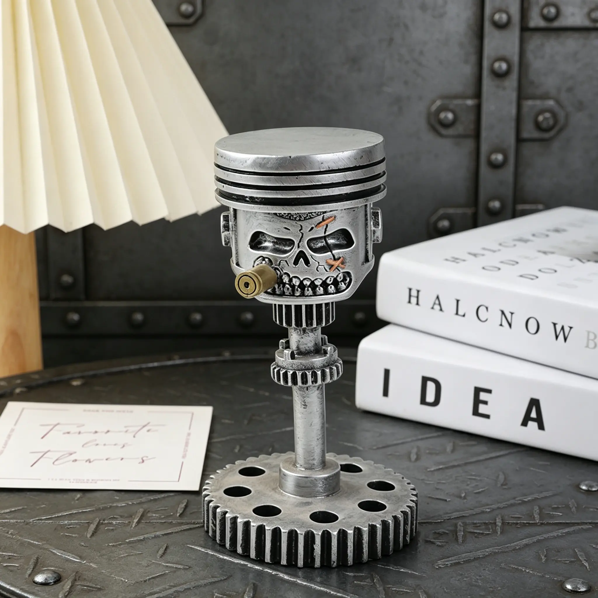 Industrial Style Piston Skull Figurine Retro Gear Mechanical Decoration Unique Resin Handicraft for Motorcycle Enthusiasts Desktop Decor whimsical home