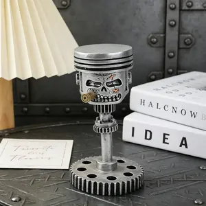 Industrial Style Piston Skull Figurine Retro Gear Mechanical Decoration Unique Resin Handicraft for Motorcycle Enthusiasts Desktop Decor whimsical home