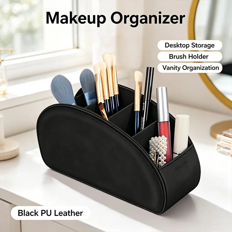 1 PU material remote control holder with a 5-compartment storage box—a tray organizer for remotes, pens, glasses, and small items; space-saving desktop and nightstand organizer (compatible with office settings).