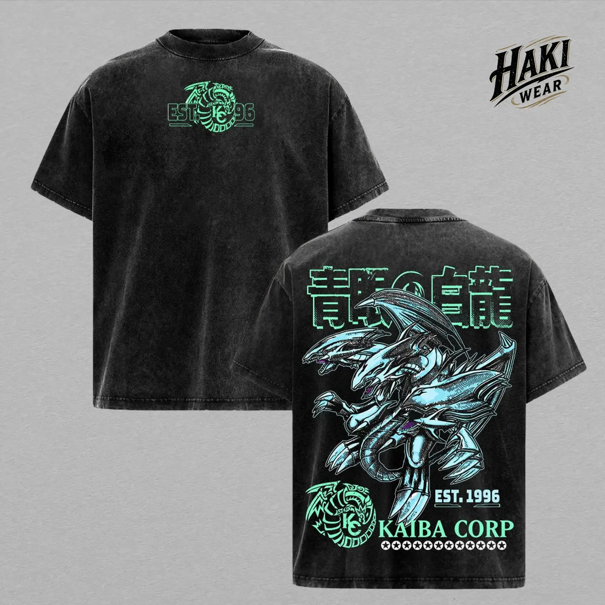 Yu-Gi-Oh Blue Eyes White Dragon Vintage Washed T-Shirt - Heavy Cotton Oversized Anime Graphic Tee for Men & Women. Premium Kaiba Corp Y2K Streetwear Retro Black Top. Perfect Japanese Manga Fan Gifts, Gym Pump Cover & Casual Everyday Aesthetic Apparel!