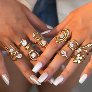 Statement Stainless Steel Delicate Shiny Cubic Zirconia Ring For Women High Quality 18K Gold PVD Plated Finger Jewelry Gift Gold-Plated Striped Couple Stacking Minimalist