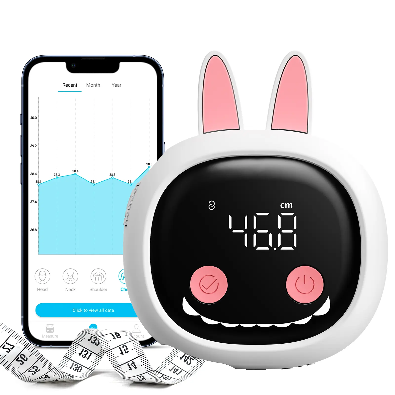 Smart Body Tape Measure with Cute Rabbit Silicone Case, Bluetooth Body Measuring Tape, Digital Waist Measure Syncs with App