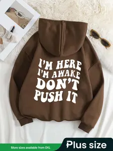 【Plus Size】 Letter Print Drop Shoulder Hoodie, Fashion Casual Drawstring Pocket Hooded Sweatshirt for Daily Holiday Outdoor Wear, Women Clothing for Fall & Winter