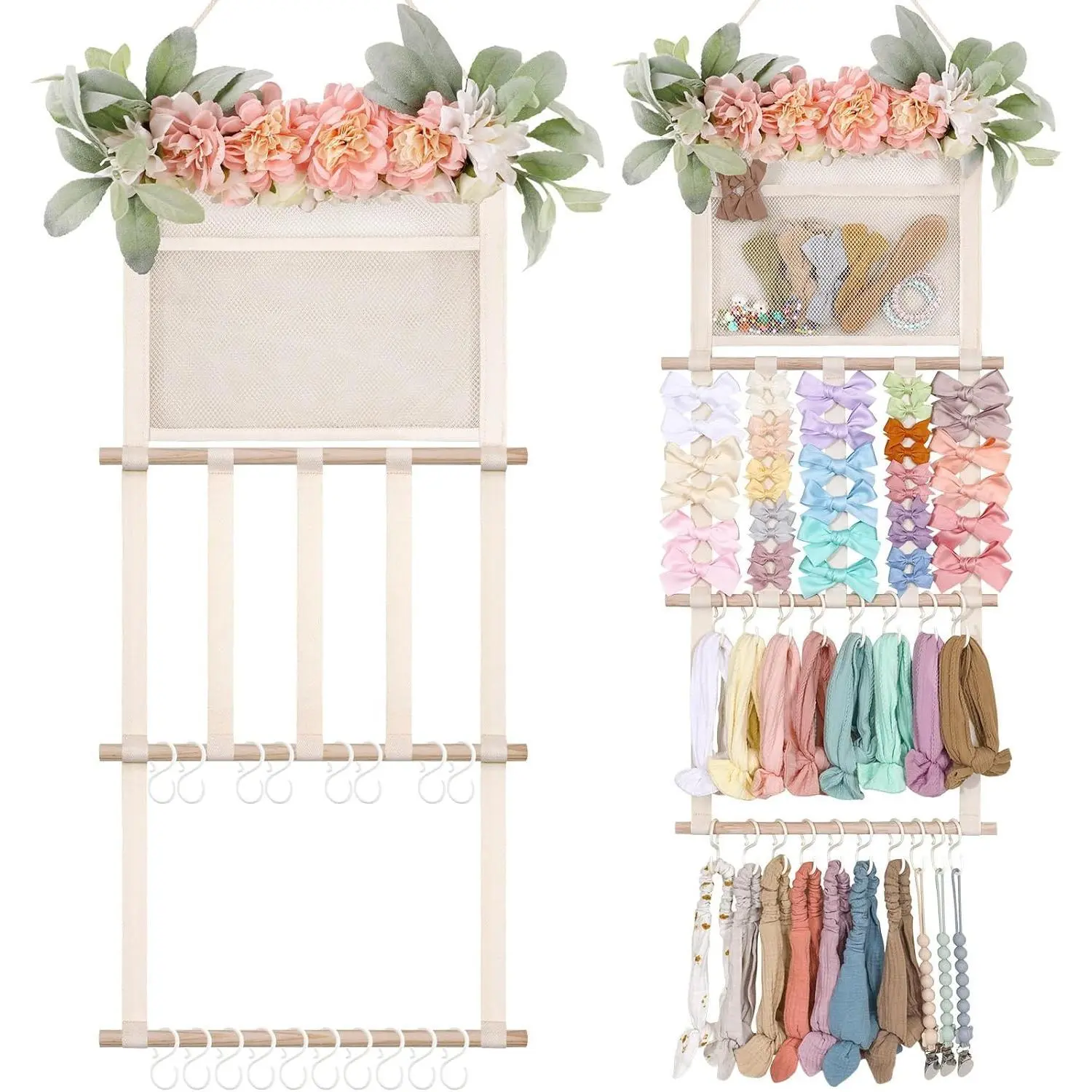 Boho Flower Hair Bow Organizer for Girls - 30x14in Wall Mount Door Hanging Storage, High-Capacity Nursery Decoration with Faux Floral Leaves, Hooks, Sturdy Lanyard, Easy Install, Space-Saving for Clips, Headbands, Ornaments