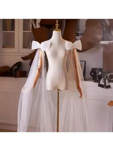 White handcrafted large train design host evening dress accessories runway stage accessories shoulder decorations tulle fairy-like Lady