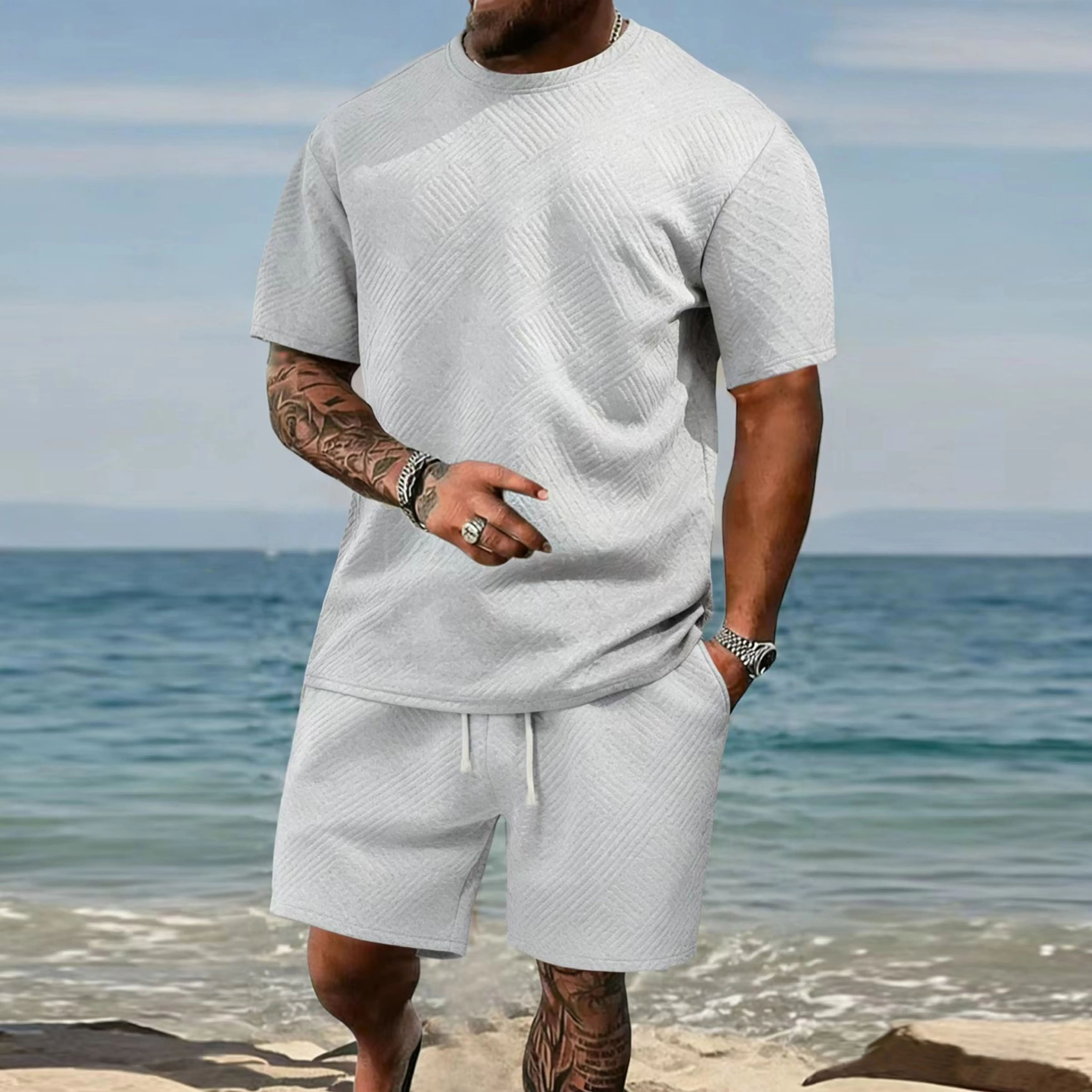 Men's 2-Piece Casual Outfit, Simple Textured Jacquard Short-Sleeve Top and Drawstring Shorts Set, Breathable Polyester Summer Suit, Shortsleeve, Outfits, Sports, Clothes, Plane, Menswear, Basic, Stretch, Soft, Loose