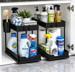 2 Tier Under Sink Sliding Storage Rack Pull Out Cabinet Organizer with 5 Hooks and 3 Baskets Fits 11 Inch Tall Bottles No Tools Needed Black 1pc or 2pcs