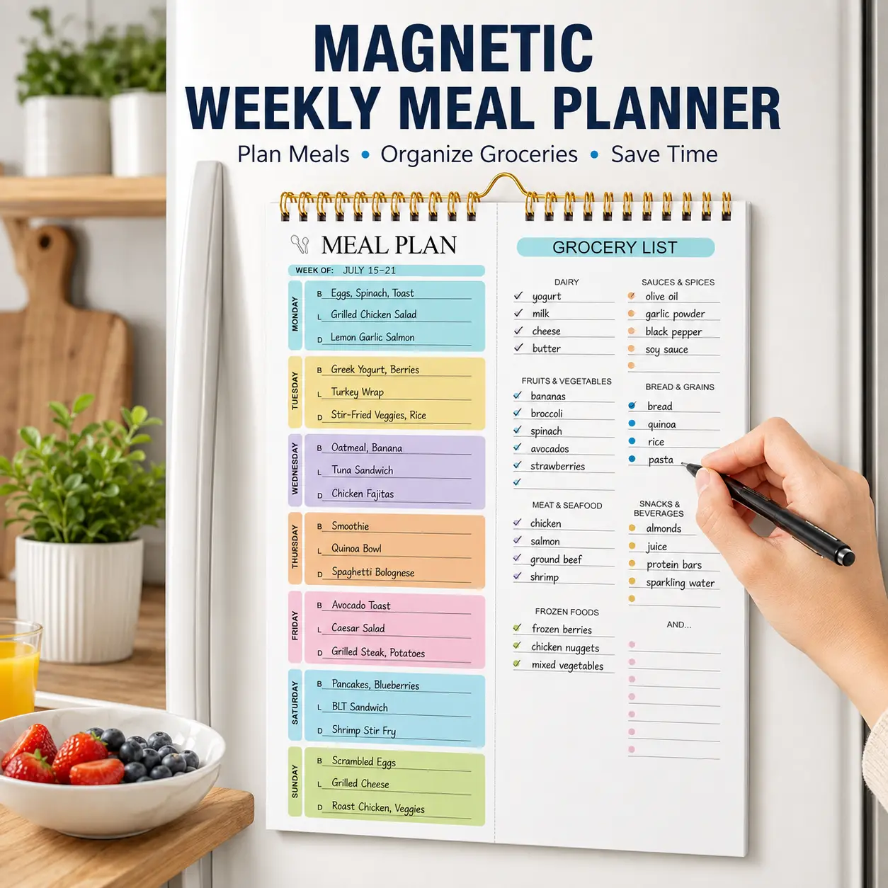 Weekly Meal Planner Notepad, Magnetic Fridge Menu Planner with Grocery List, Undated Meal Prep Organizer with Tear-Off Pages for Family Kitchen Planning, 50 Sheets Decor