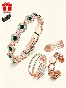 Women's Magnetic Therapy Bracelet Set, Includes 2 Pure Copper Rings, 3800 Gauss Bright Zircon Jewelry Gift Box, Buy 1 Get 3
