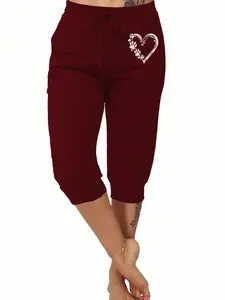 Lightweight Breathable Women's Harem Pants, Heart Loose Casual Elastic Waist Fit Mid-Thigh, Suitable for Yoga & Exercise, Perfect for Any Occasion