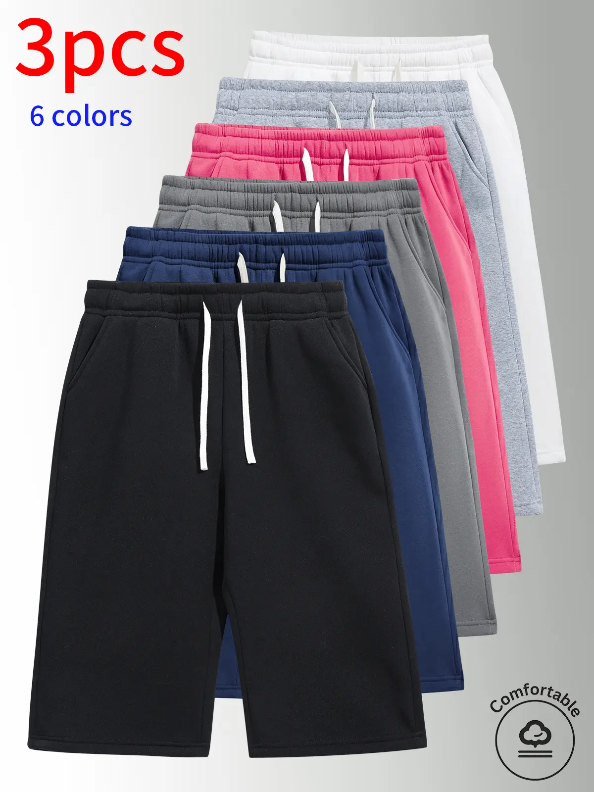 3-Pack Men's Shorts: Men's Casual Shorts, Men's Knee-Length Shorts Elastic waistband with drawstring design, loose straight fit, available in multiple colors, minimalist solid-color style that’s versatile—suitable for everyday casual wear, going out and s
