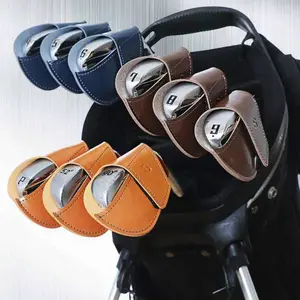 Golf club covers made of PU leather, including head covers for irons and a protective cover for putters.