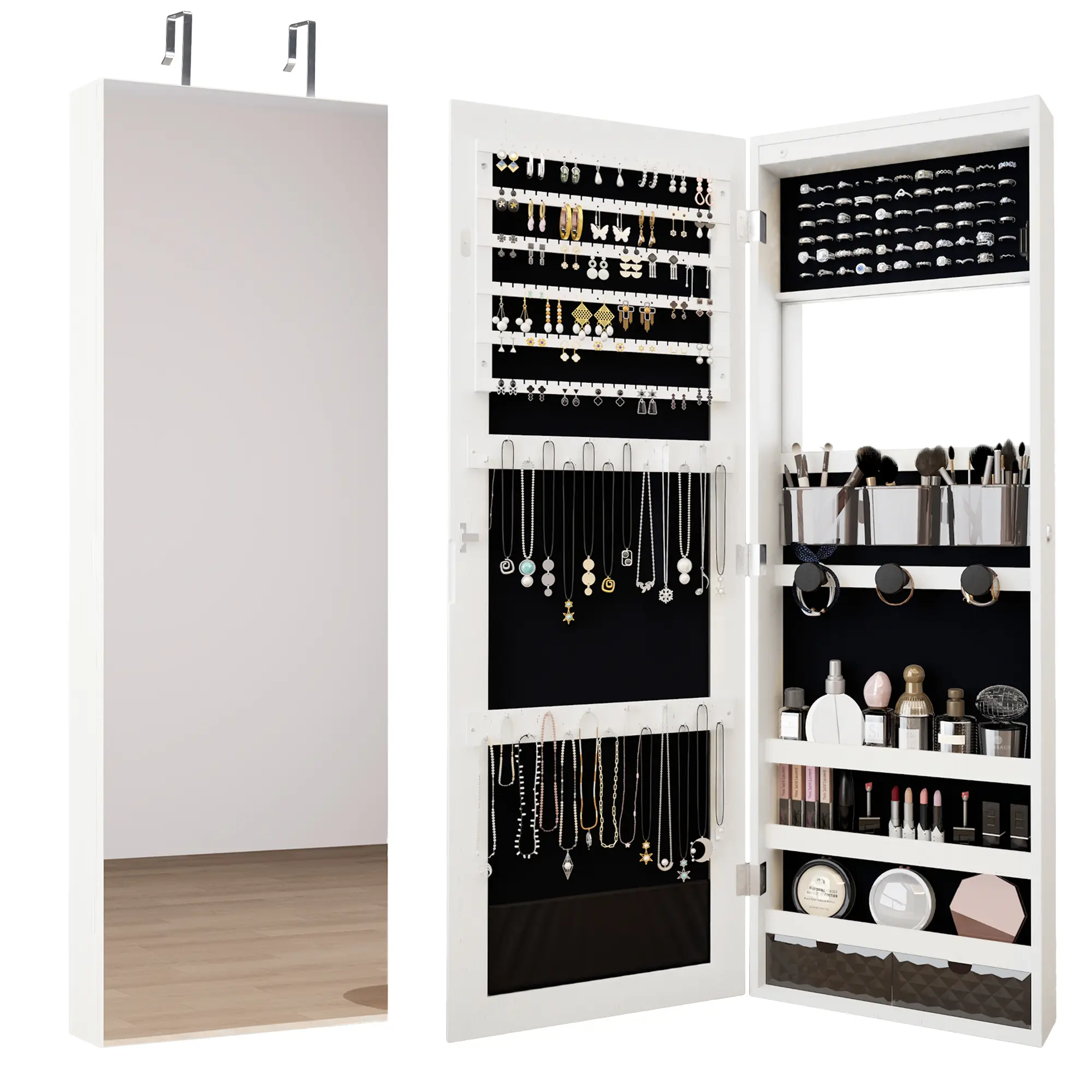 Lockable Wall & Door Mounted Jewelry Armoire, Hanging Mirror Jewelry Cabinet with LED Lights, Built-in Makeup Mirror, Drawers, Cosmetic Trays & Storage Shelves, 14.4"x3.15"x43.1"