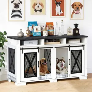 Extra Large Dog Crate Furniture for 2 Dogs,71" Dog Kennel Indoor with Removable Divider & 3 Storage Drawers& Sliding Barn Door,Wooden Dog Crate TV Stand for Large Medium Small Dogs