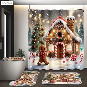 1/3/4PCS Christmas Style Gingerbread House with Decorations Shower Curtain Set with Rugs, Non Slip Bath Mat, U-Shape Carpet, Toilet Lid Cover, Polyester Fabric Bathtub Curtain Accessories, 12 Hooks, Home Bathroom Festival Decor