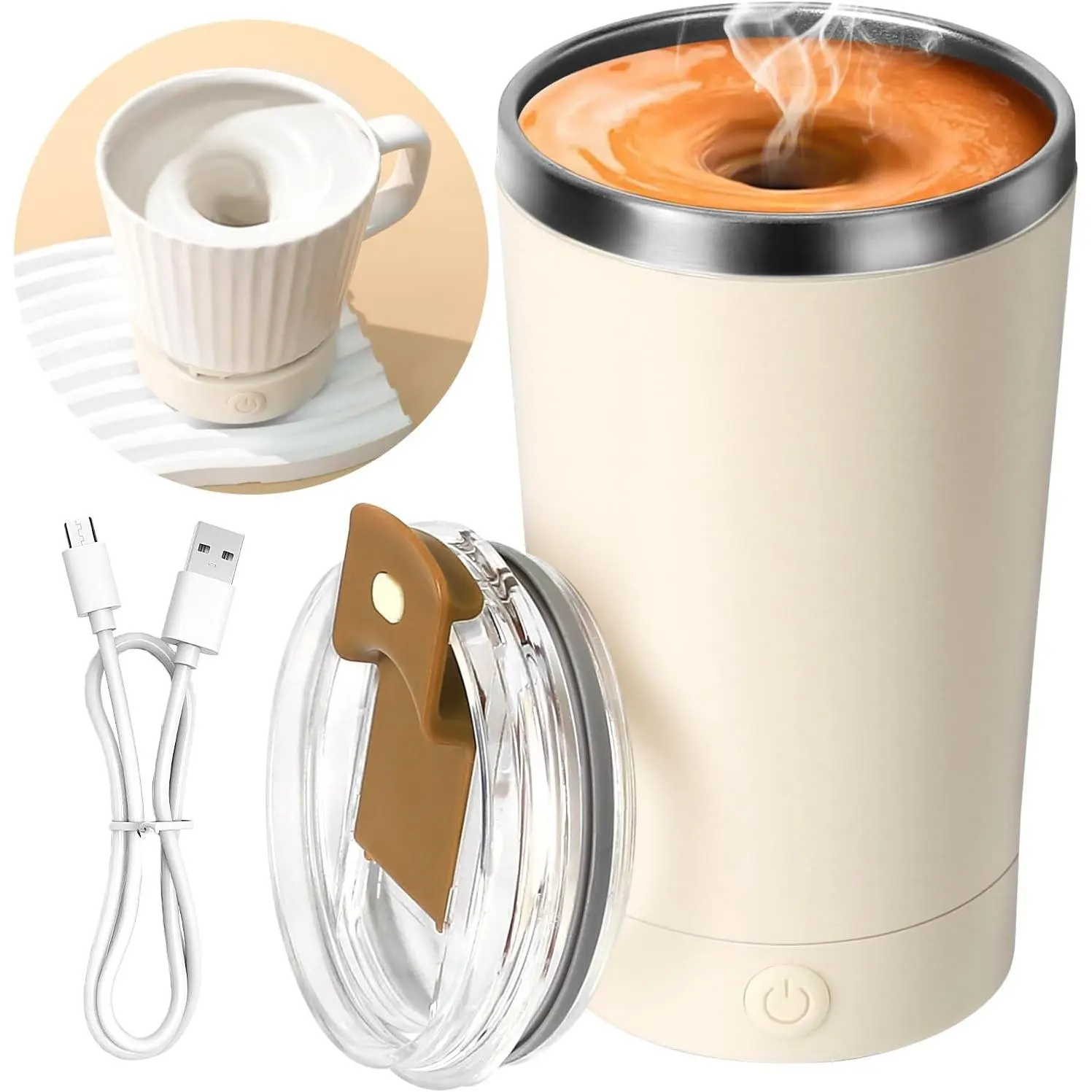 Automatic Self Stirring Coffee Cup 400ML Stainless Steel Beige Silicone  Base Electric Drinkware Reusable Washable with