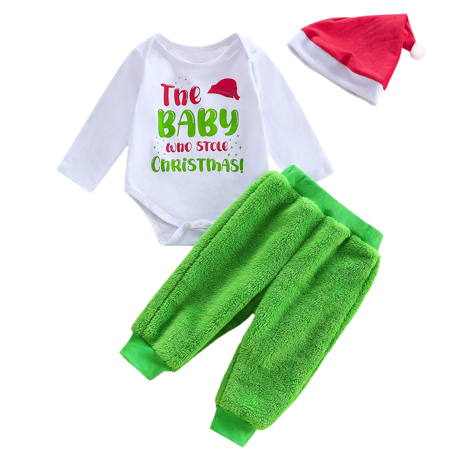 Baby Boy "How the Grinch Stole Christmas" 2-Piece Holiday Gift Set - Long Sleeve Crew Neck Bodysuit, Green Elastane Furry Jogger Pants, Santa Hat for 0-3 Months 1st Xmas Photo, Cake Smash
