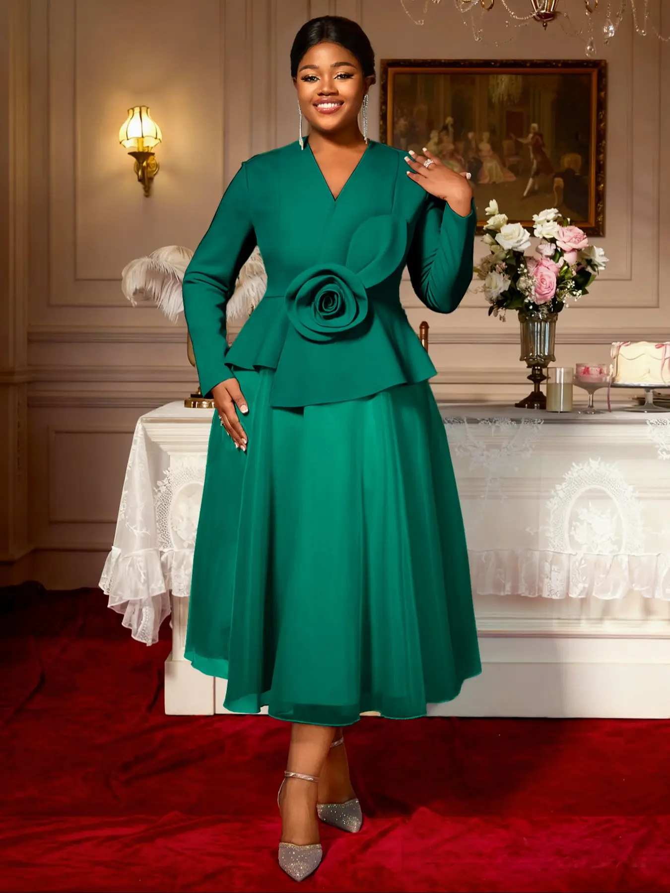 midi peplum dress with sleeves Bianca Long Sleeve Peplum Midi Dress - Hunter