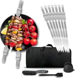 Grilling Skewer16.5"flat metal skewers with removable Slider (set of 10) Storage Bag stainless steel skewers for BBQ chicken kebab-Skewers for Kabob Barbecue meat vegetable-Grill sticks for camping