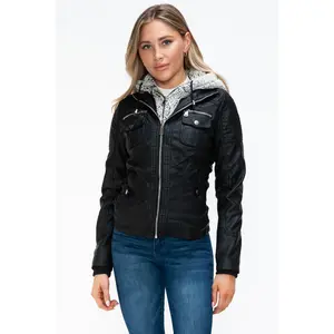YMI Removable Faux Layered Multi-Pocket Jacket with Fuzzy Hood