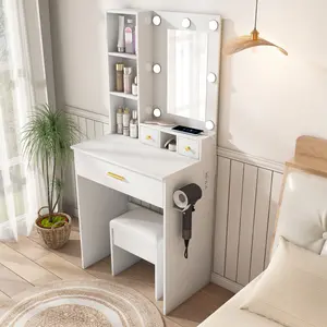 Modern Compact Makeup Vanity Table with Stool, Mirror, Adjustable LED Lights, Power Outlet and Hairdryer Holder – Indoor Furniture for Small Bedrooms (White)