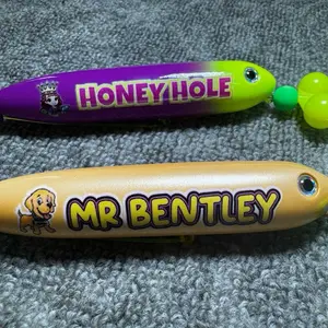 Mr. Bentley and Honey Hole 2 Pack: Mr. Bentley (11cm) pre-tied on 6/0 white glow hook and  Honey Hole (11cm) pre-tied on 4/0 yellow fluorescent hook, both on yellow mono leader lines