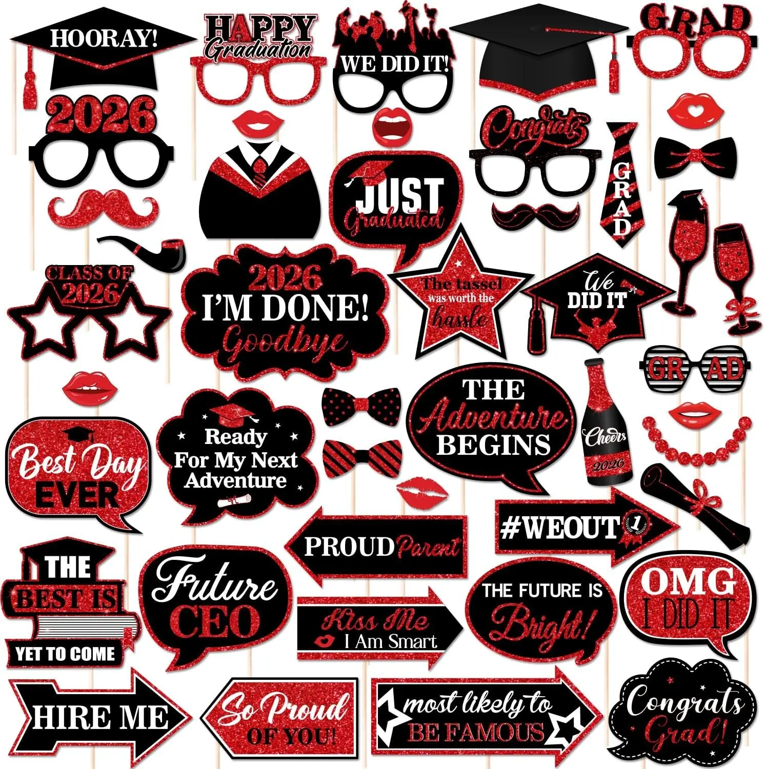 46Pcs Black Red Graduation Photo Booth Props 2026 Graduation Decorations with Sticks Class of 2026 Grad Party Favors Supplies for High School & College