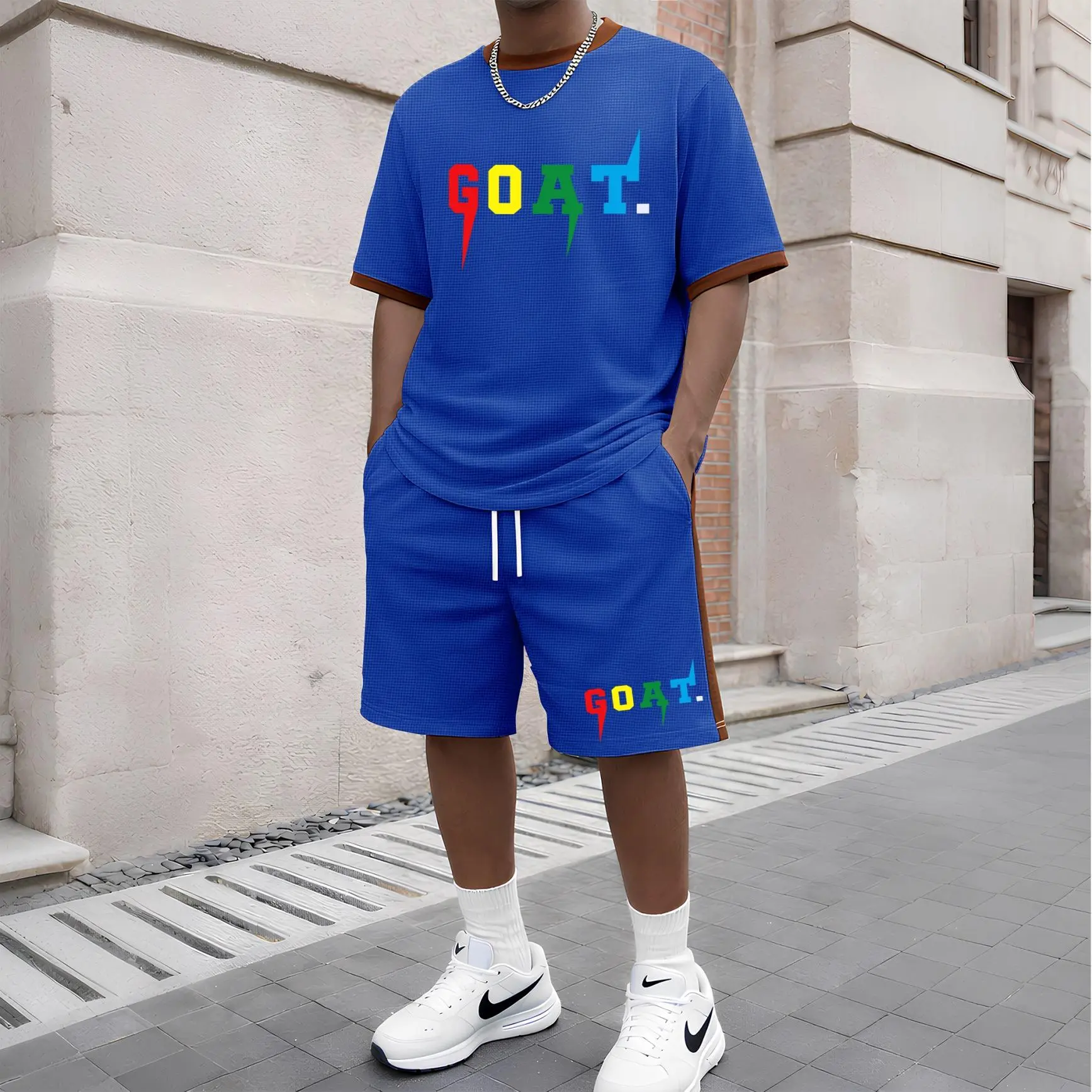 Men's Goat Pattern Short-Sleeved T-Shirt And Drawstring Shorts Set, Men's Clothing, Casual Sports Short-Sleeved Top And Shorts, Summer Men's Everyday Wear, Indoor And Outdoor Sportswear, Sports Set.