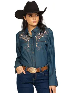 Scully Women's Rose Embroidered Denim Long Sleeve Pearl Snap Western Shirt - Pl-872-Dnm