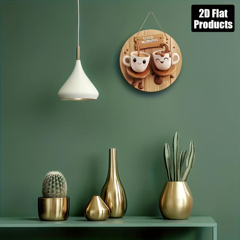 1PC 2D Flat, Vintage Tea Theme Wooden Wall Hanging, 8x 8inch - Fantasy Cup and Plate Design, with "Good Morning" Message, Perfect for Kitchen, Coffee Shop, Home, Living Room, and Office Decoration