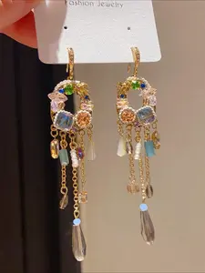 Women's Geometric Square Round Artificial Crystal Earrings, Elegant Design Long Dangle Ear Jewelry for Party & Daily Wear